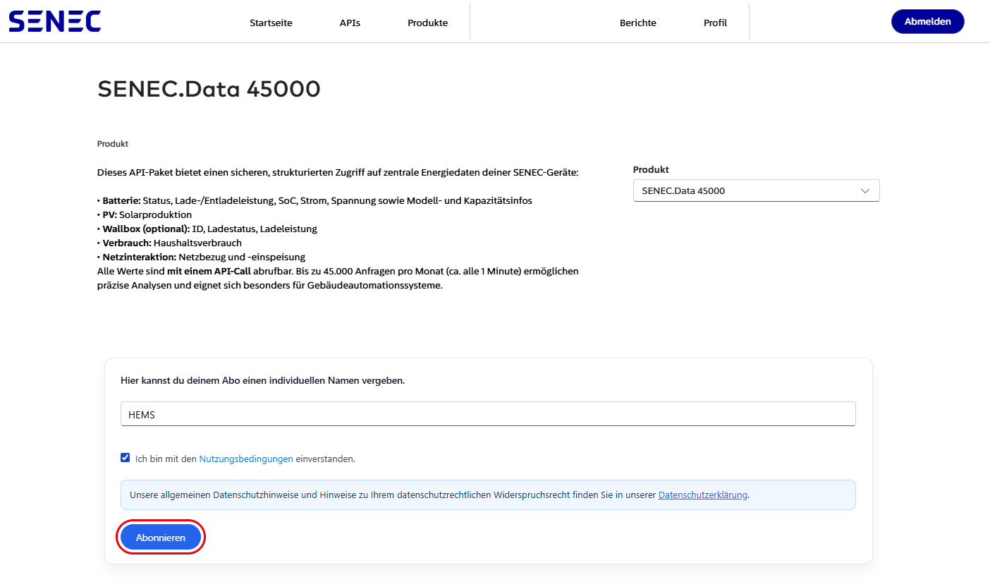 SENEC developer portal: create subscription
